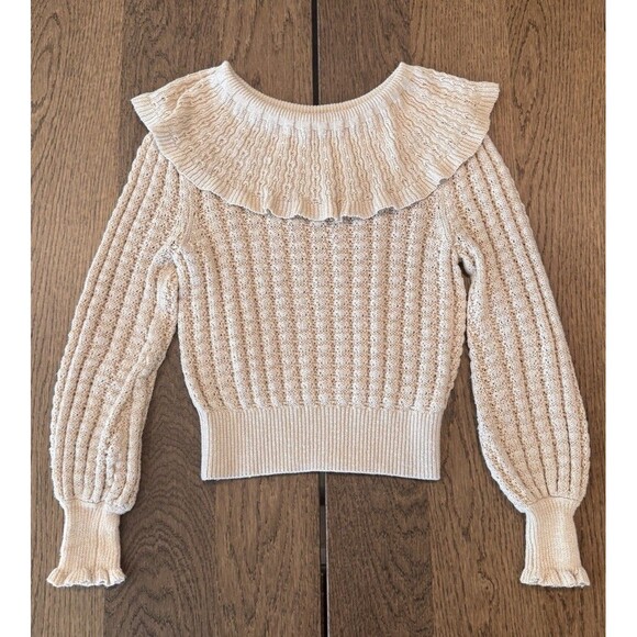 Free People Crazy In Love Linen Blend Knit Sweater Women’s Sz S Beige Ruffles - Picture 1 of 9
